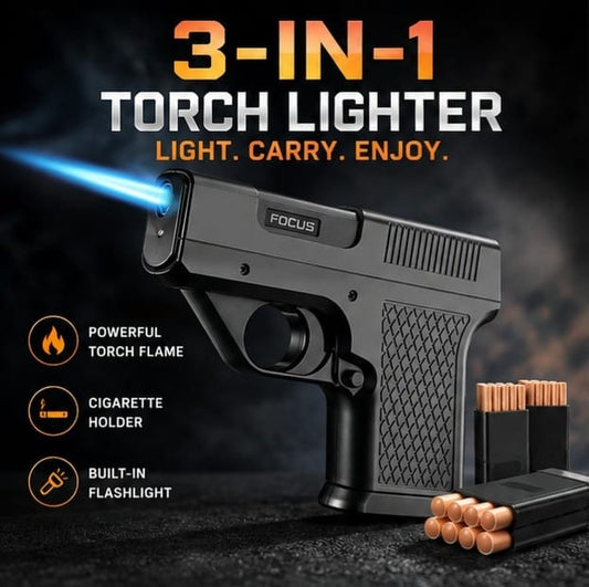 🔥 Premium Torch Lighter with Cigarette Holder & Flashlight | Powerful Windproof Blue Flame, Compact Pocket Design | BUY 1 GET 1 FREE